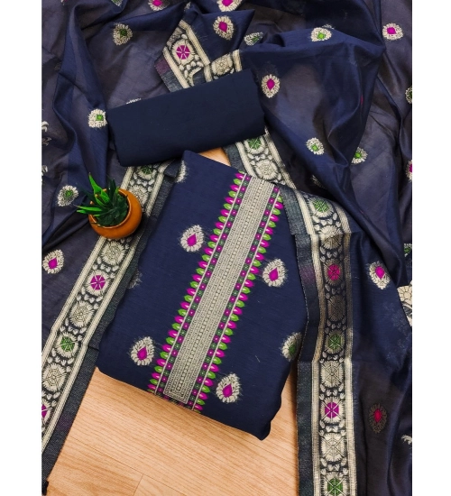 Generic Women's Banarasi Silk Printed Unstitched Salwar Suit Material With Dupatta (Navy Blue, 3Mtrs)