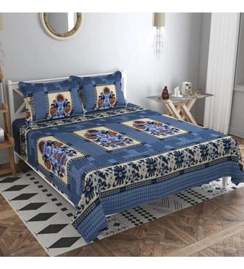 Generic Fleece Floral Printed Double Polar Warm Bedsheet with 2 Pillow Cover (Blue)