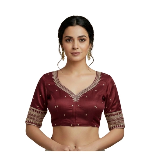 Generic Women's Vichitra Silk V Neck Padded Blouse (Maroon, 38 Ready Size (Self-Alterable 36–40)
