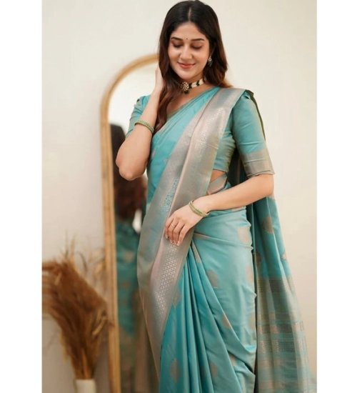 Generic Women's Soft Litchi Silk Jacquard Work Saree With Unstitched Blouse 5.5Mtr (Light Blue)