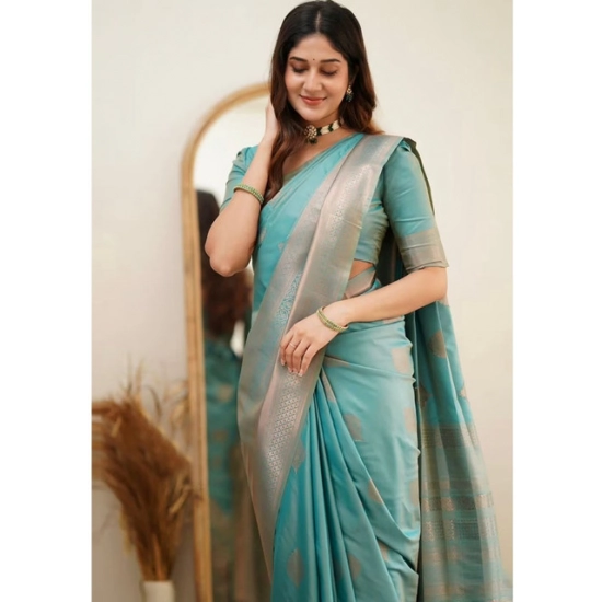 Generic Women's Soft Litchi Silk Jacquard Work Saree With Unstitched Blouse 5.5Mtr (Light Blue)