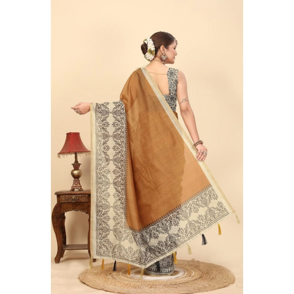 Women's Chanderi Printed Saree With Unstitched Blouse 5.5Mtr (Brown)
