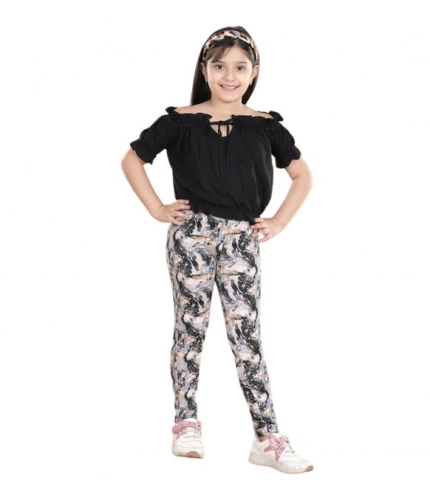 Generic Girl's Cotton Floral Elasticated Jegging and Top Set (Black)