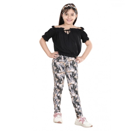 Generic Girl's Cotton Floral Elasticated Jegging and Top Set (Black) Generic Girl's Cotton Floral Elasticated Jegging and Top Set (Black)