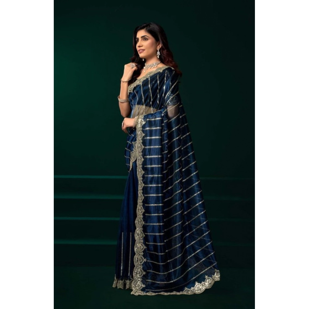 Generic Women's Net Sequence Saree With Unstitched Blouse 5.5Mtr (Blue)