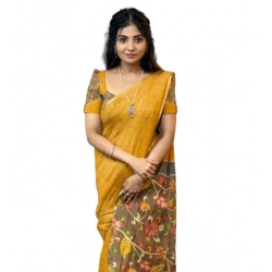 Generic Women's Linen Printed Saree With Unstitched Blouse 5.5Mtr (Mustard)