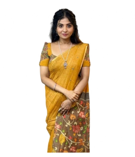Generic Women's Linen Printed Saree With Unstitched Blouse 5.5Mtr (Mustard)
