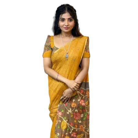 Generic Women's Linen Printed Saree With Unstitched Blouse 5.5Mtr (Mustard)