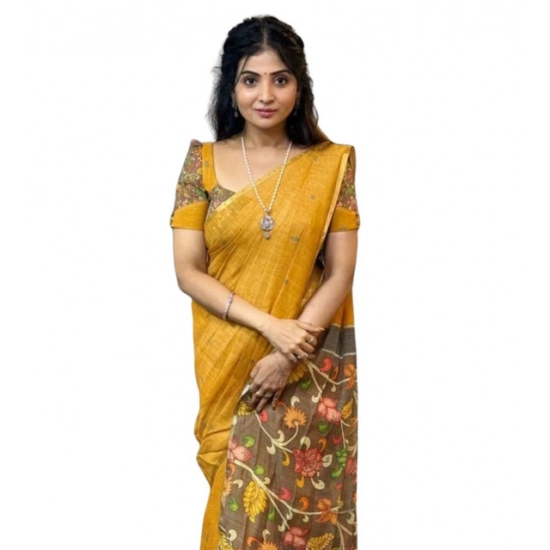 Generic Women's Linen Printed Saree With Unstitched Blouse 5.5Mtr (Mustard)