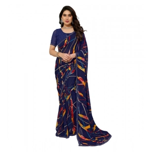 Generic Women's Georgette Printed Saree With Unstitched Blouse 5.5Mtr (Blue)
