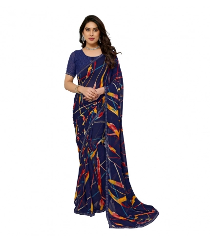 Generic Women's Georgette Printed Saree With Unstitched Blouse 5.5Mtr (Blue)