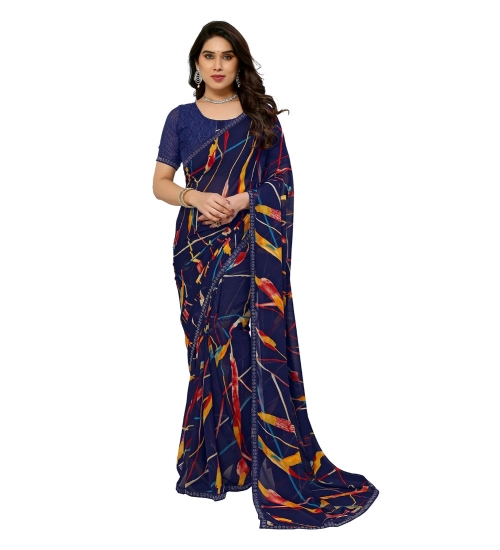 Generic Women's Georgette Printed Saree With Unstitched Blouse 5.5Mtr (Blue)
