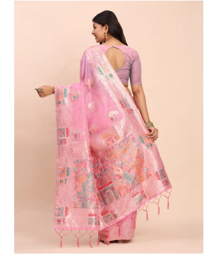 Generic Women's Linen Cotton Printed Saree With Unstitched Blouse 5.5Mtr (Pink)