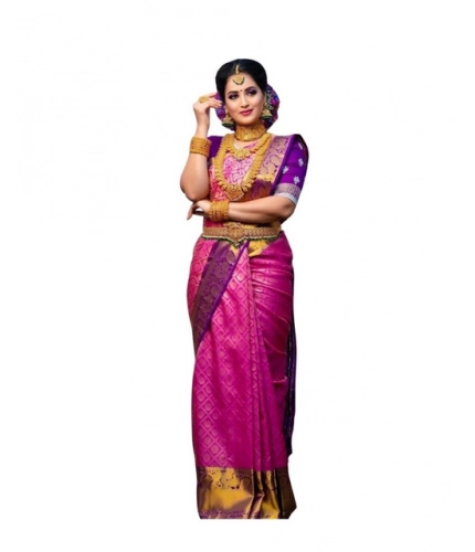 Generic Women's Soft Lichi Silk Printed Saree With Unstitched Blouse 5.5Mtr (Pink)