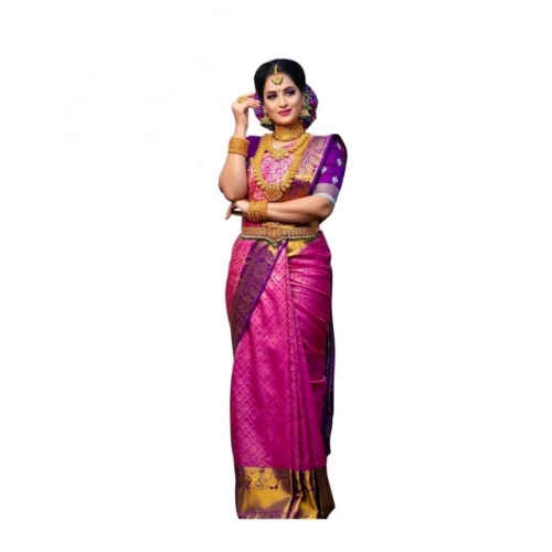 Generic Women's Soft Lichi Silk Printed Saree With Unstitched Blouse 5.5Mtr (Pink)