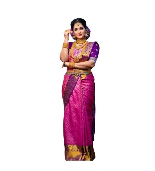 Generic Women's Soft Lichi Silk Printed Saree With Unstitched Blouse 5.5Mtr (Pink)