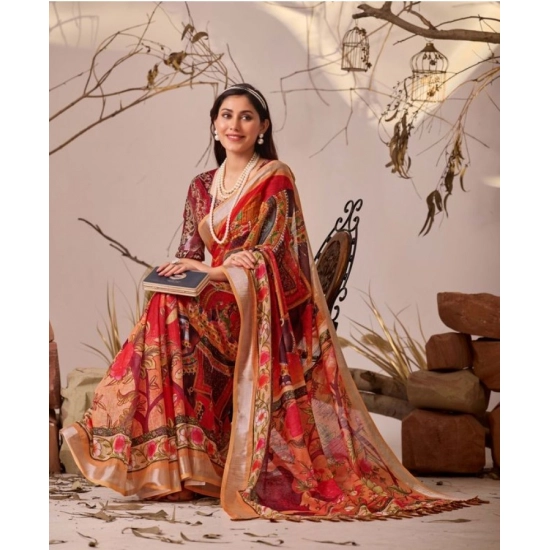 Generic Women's Faux_Linen Printed Saree With Unstitched Blouse 5.5Mtr (Red)