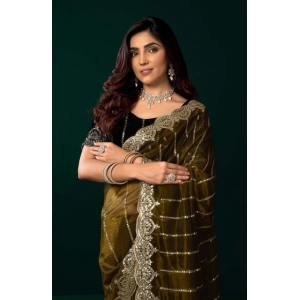 Generic Women's Net Sequence Saree With Unstitched Blouse 5.5Mtr (Olive)