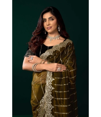 Generic Women's Net Sequence Saree With Unstitched Blouse 5.5Mtr (Olive)