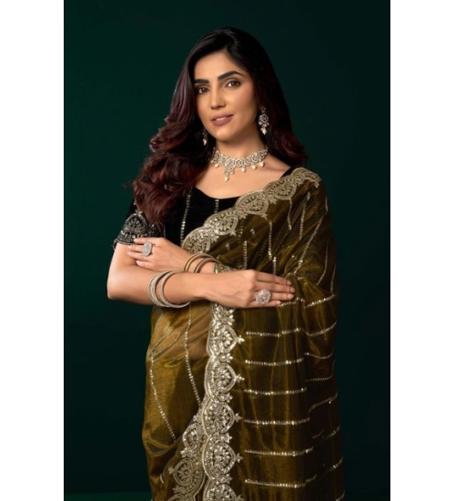 Generic Women's Net Sequence Saree With Unstitched Blouse 5.5Mtr (Olive)