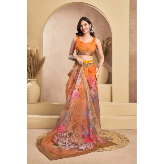 Generic Women's Faux_Linen Printed Ready-to-Wear Saree With Unstitched Blouse 5.5 Mtr (Orange)