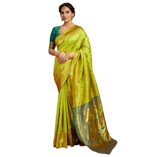 Generic Women's Silk Blend Zari Weaving Saree With Unstitched Blouse 5.5Mtr (Lime-Green)