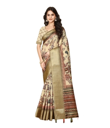 Generic Women's Cotton Silk Printed Saree With Unstitched Blouse 5.5Mtr (Cream)