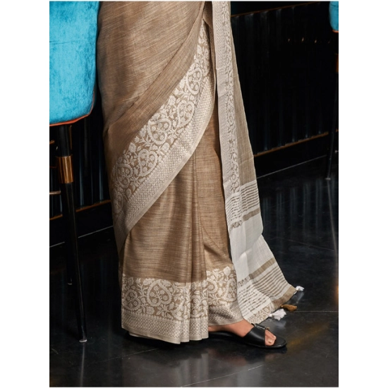 Generic Women's Linen Printed Saree With Unstitched Blouse 5.5Mtr (Beige)