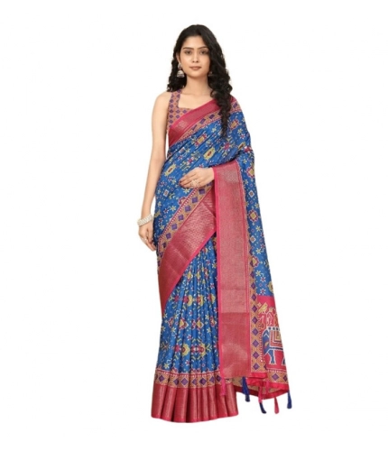 Generic Women's Cotton Silk Printed Saree With Unstitched Blouse 5.5Mtr (Blue)