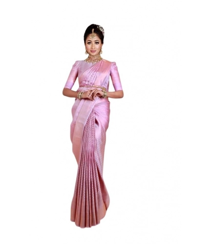 Generic Women's Soft Lichi Silk Printed Saree With Unstitched Blouse 5.5Mtr (Pink)