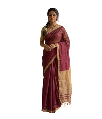 Generic Women's Cotton Printed Saree With Unstitched Blouse 5.5Mtr (Wine)