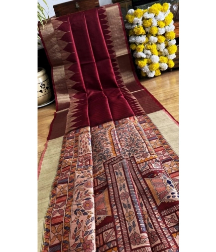 Generic Women's Tussar Silk Madhubani Saree With Unstitched Blouse 5.5Mtr (Maroon)