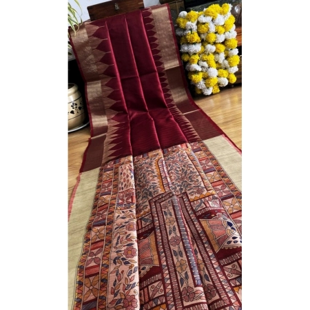 Generic Women's Tussar Silk Madhubani Saree With Unstitched Blouse 5.5Mtr (Maroon)