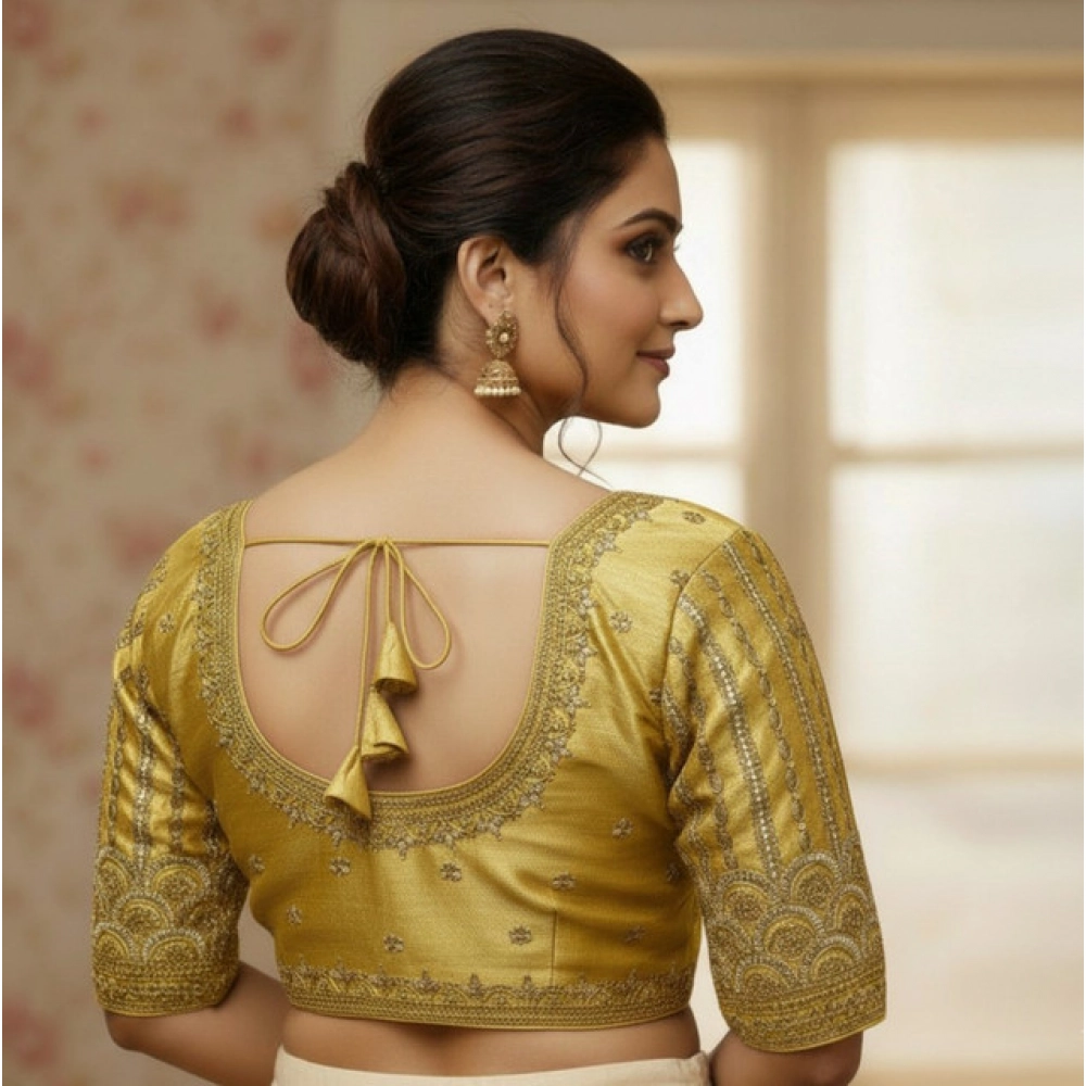 Women's Phantom Silk Embroidered Designer Neck Padded Blouse (Beige 38 Ready (Alterable up to 42)