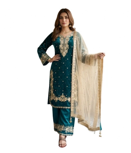 Generic Women's Silk Embroidered 3/4th Sleeve Round Kurti With Palazzo Pant and Dupatta Set (Teal)