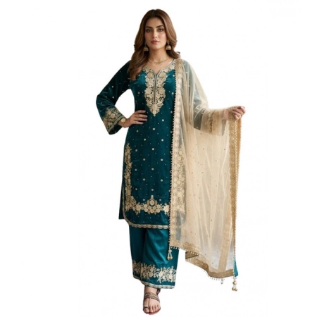 Generic Women's Silk Embroidered 3/4th Sleeve Round Kurti With Palazzo Pant and Dupatta Set (Teal)