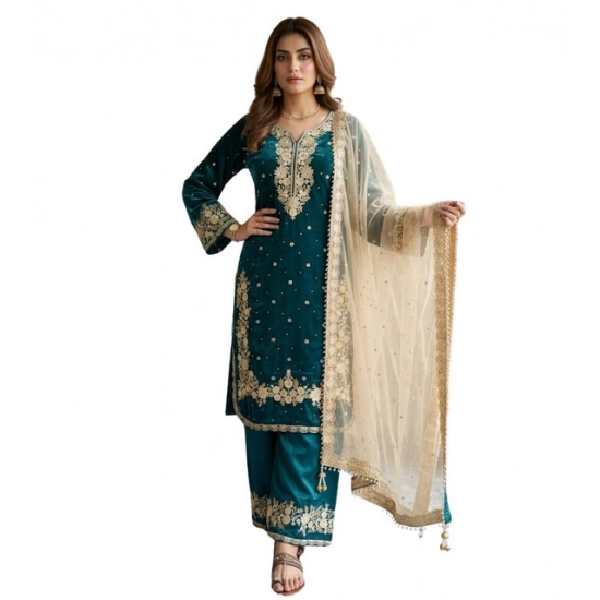 Generic Women's Silk Embroidered 3/4th Sleeve Round Kurti With Palazzo Pant and Dupatta Set (Teal) Generic Women's Silk Embroidered 3/4th Sleeve Round Kurti With Palazzo Pant and Dupatta Set (Teal)