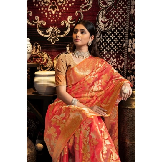 Generic Women's Organza Woven Saree With Unstitched Blouse 5.5Mtr (Red)