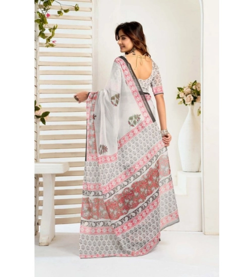 Generic Women's Faux_Linen Printed Ready-to-Wear Saree With Unstitched Blouse 5.5 Mtr (White)