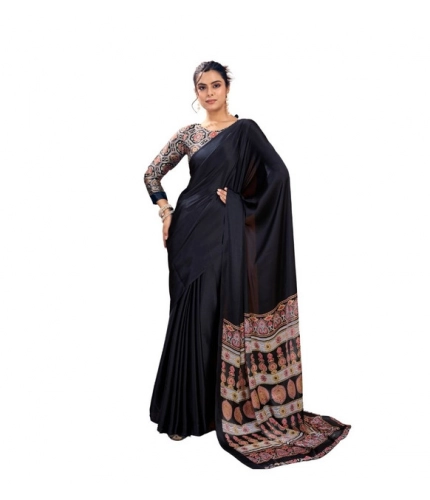 Generic Women's Satin Crepe Printed Saree With Unstitched Blouse 5.5Mtr (Black)
