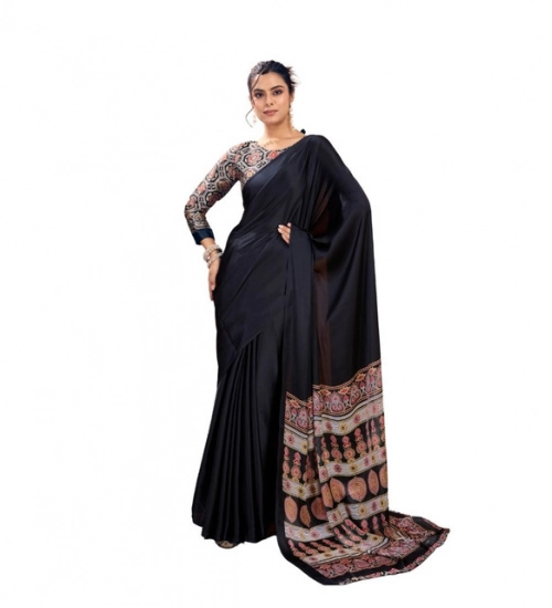 Generic Women's Satin Crepe Printed Saree With Unstitched Blouse 5.5Mtr (Black)