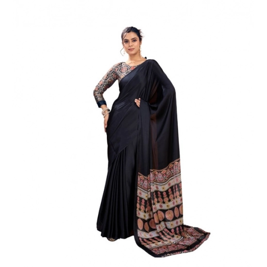 Generic Women's Satin Crepe Printed Saree With Unstitched Blouse 5.5Mtr (Black)