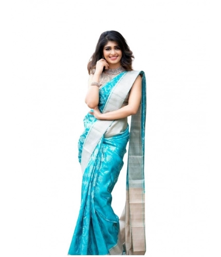 Generic Women's Soft Lichi Silk Printed Saree With Unstitched Blouse 5.5Mtr (Sky-Blue)