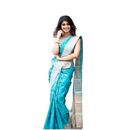 Generic Women's Soft Lichi Silk Printed Saree With Unstitched Blouse 5.5Mtr (Sky-Blue)