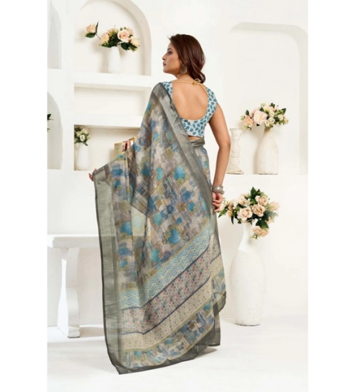 Generic Women's Linen Cotton Printed Ready To Wear Saree With Unstitched Blouse 5.5 Mtr (Grey)