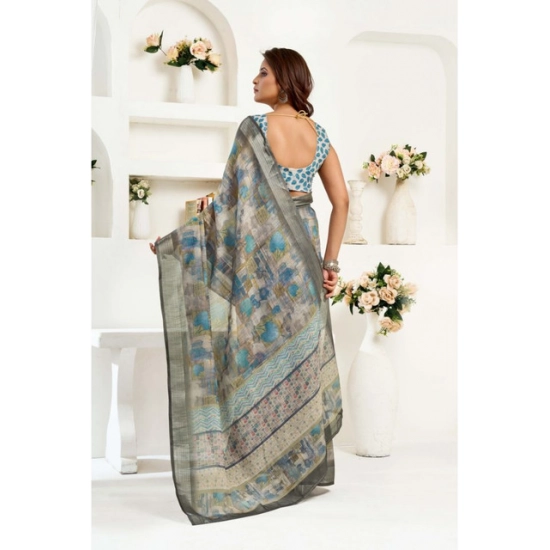 Generic Women's Linen Cotton Printed Ready To Wear Saree With Unstitched Blouse 5.5 Mtr (Grey)