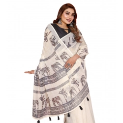Generic Women's Linen Cotton Printed Saree With Unstitched Blouse 5.5Mtr (Off White)