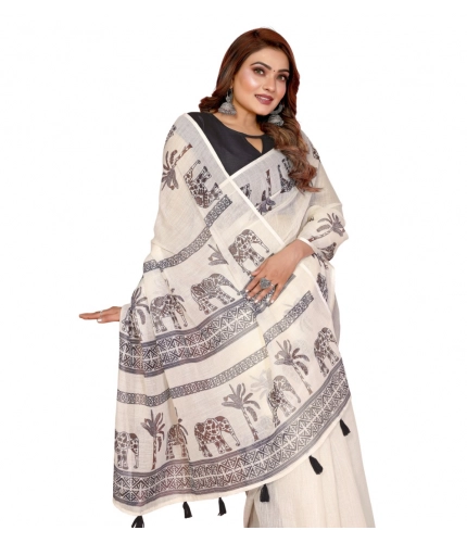 Generic Women's Linen Cotton Printed Saree With Unstitched Blouse 5.5Mtr (Off White)