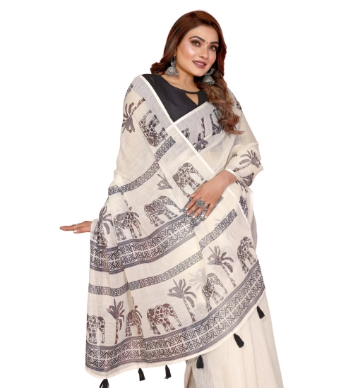 Generic Women's Linen Cotton Printed Saree With Unstitched Blouse 5.5Mtr (Off White)