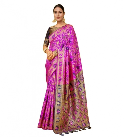 Generic Women's Silk Blend Woven Paithani Saree With Unstitched Blouse 5.5Mtr (Pink)